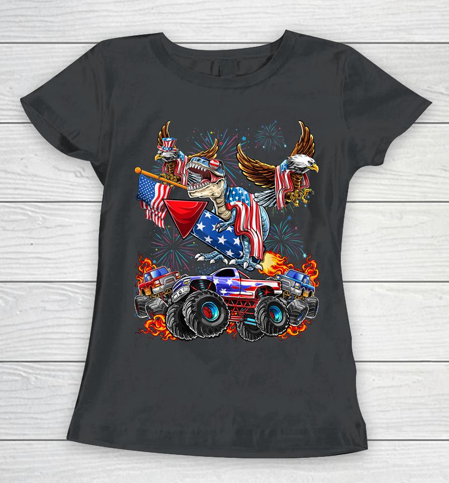 4Th Of July Dinosaur Monster Truck Bald Eagle American Flag Women T-Shirt