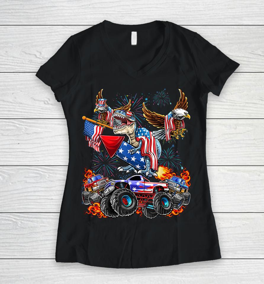 4Th Of July Dinosaur Monster Truck Bald Eagle American Flag Women V-Neck T-Shirt