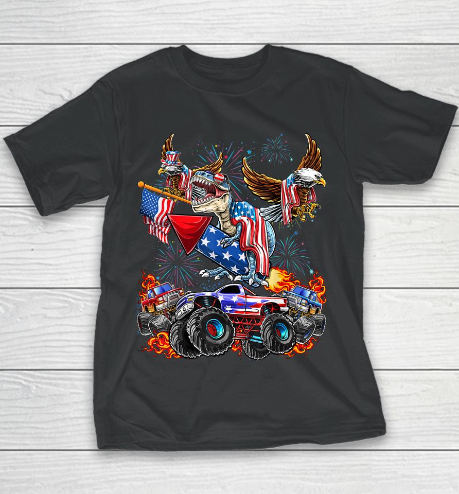 4Th Of July Dinosaur Monster Truck Bald Eagle American Flag Youth T-Shirt