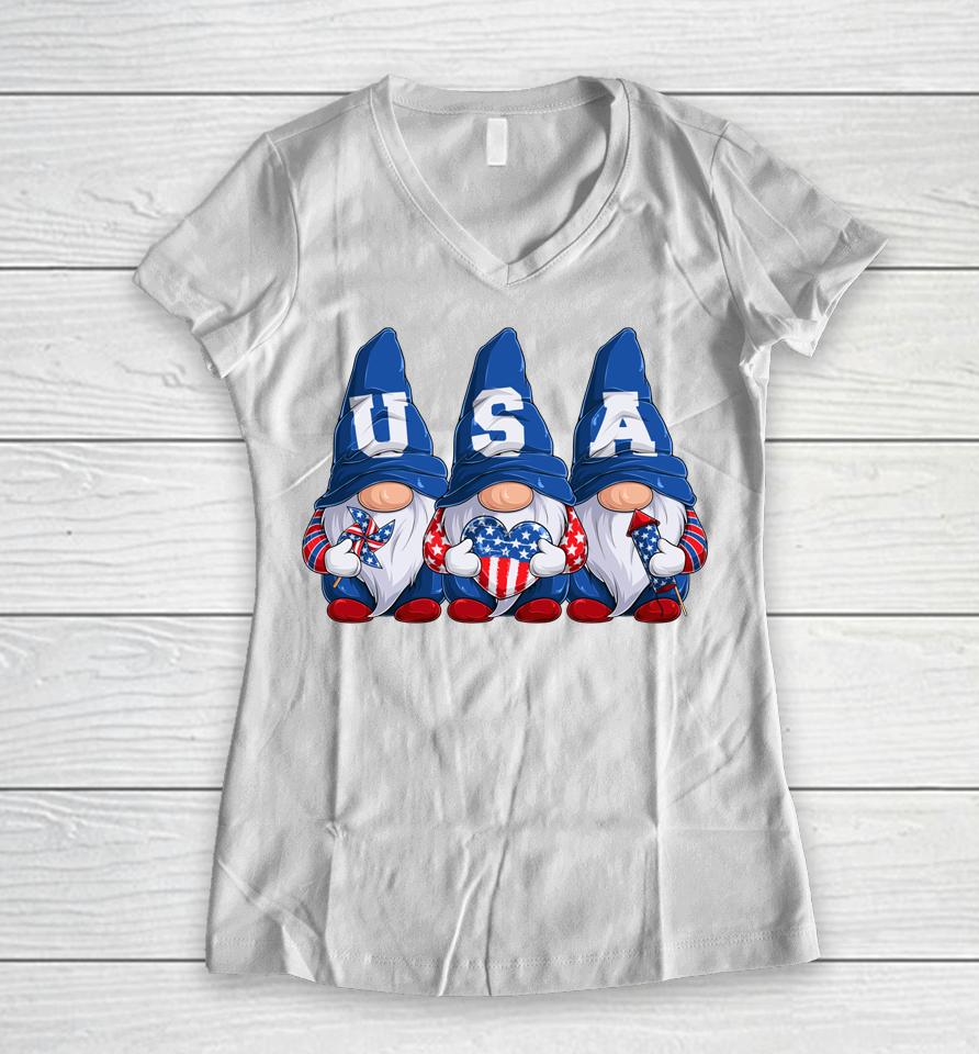 4Th Of July Gnomes America Independence Day Patriot Usa Women V-Neck T-Shirt