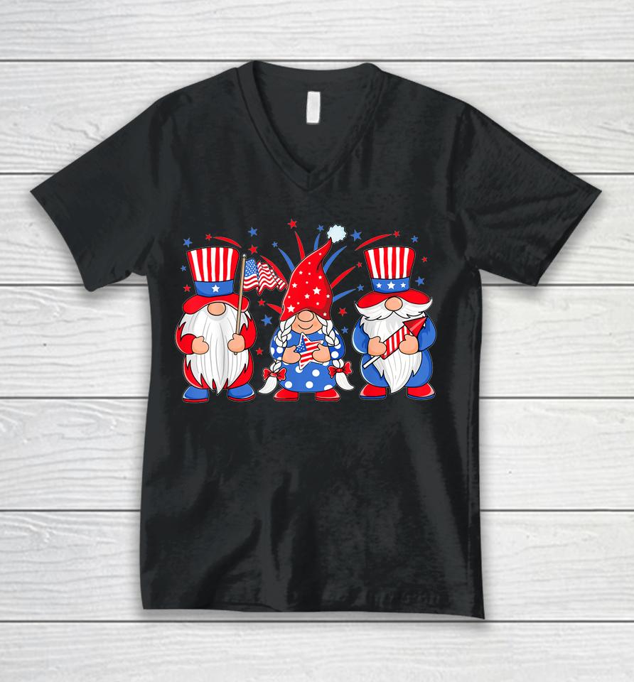 4Th Of July Gnomes Patriotic American Flag Cute Three Gnomes Unisex V-Neck T-Shirt