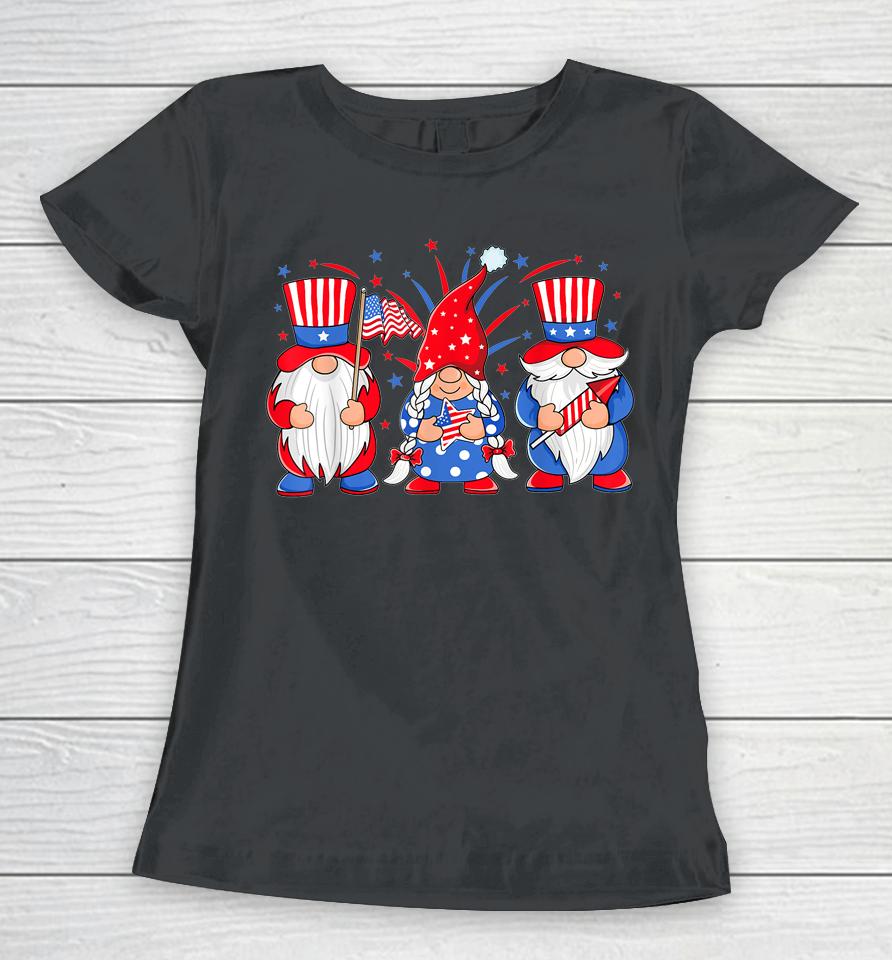 4Th Of July Gnomes Patriotic American Flag Cute Three Gnomes Women T-Shirt