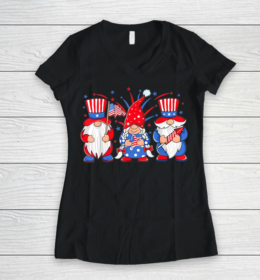 4Th Of July Gnomes Patriotic American Flag Cute Three Gnomes Women V-Neck T-Shirt
