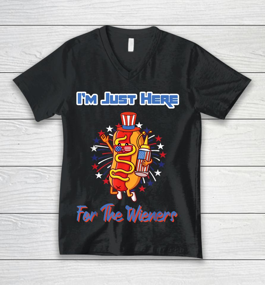 4Th Of July I'm Just Here For The Wieners Hot Dogs Funny Unisex V-Neck T-Shirt