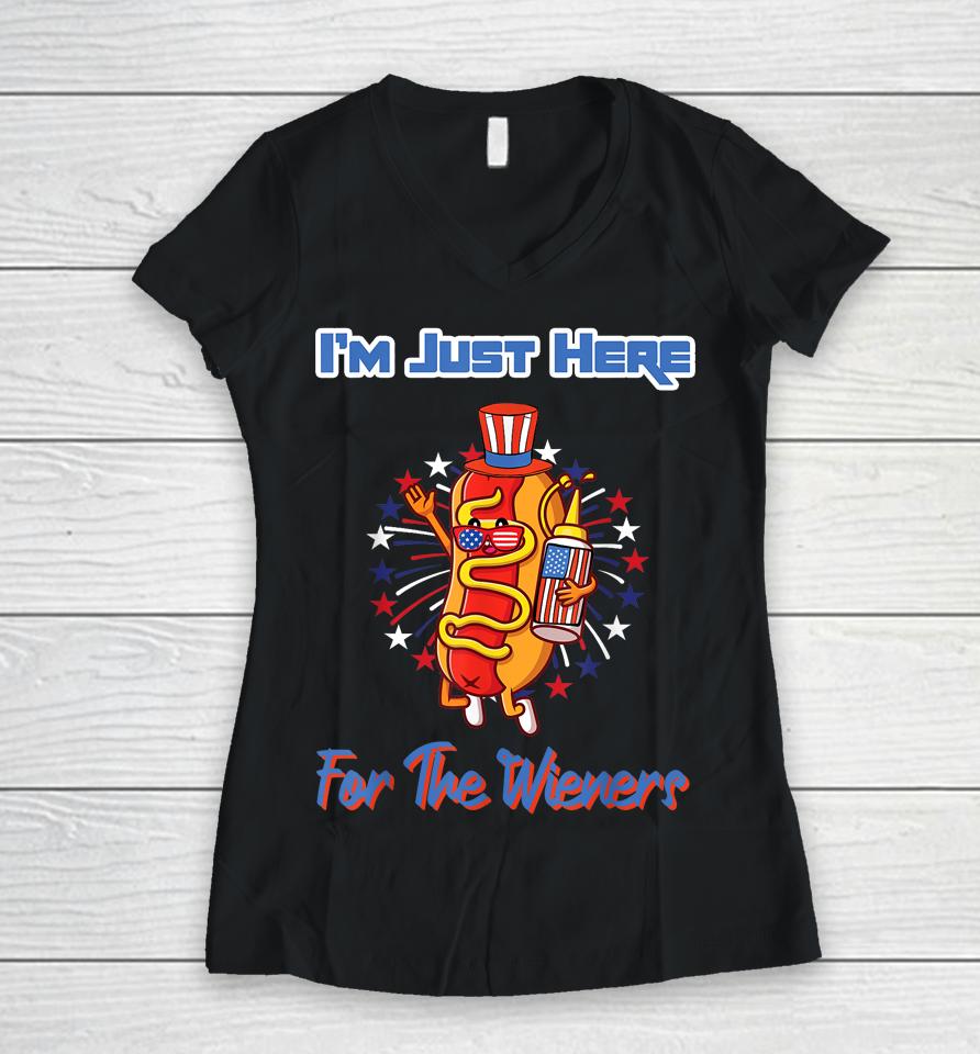 4Th Of July I'm Just Here For The Wieners Hot Dogs Funny Women V-Neck T-Shirt
