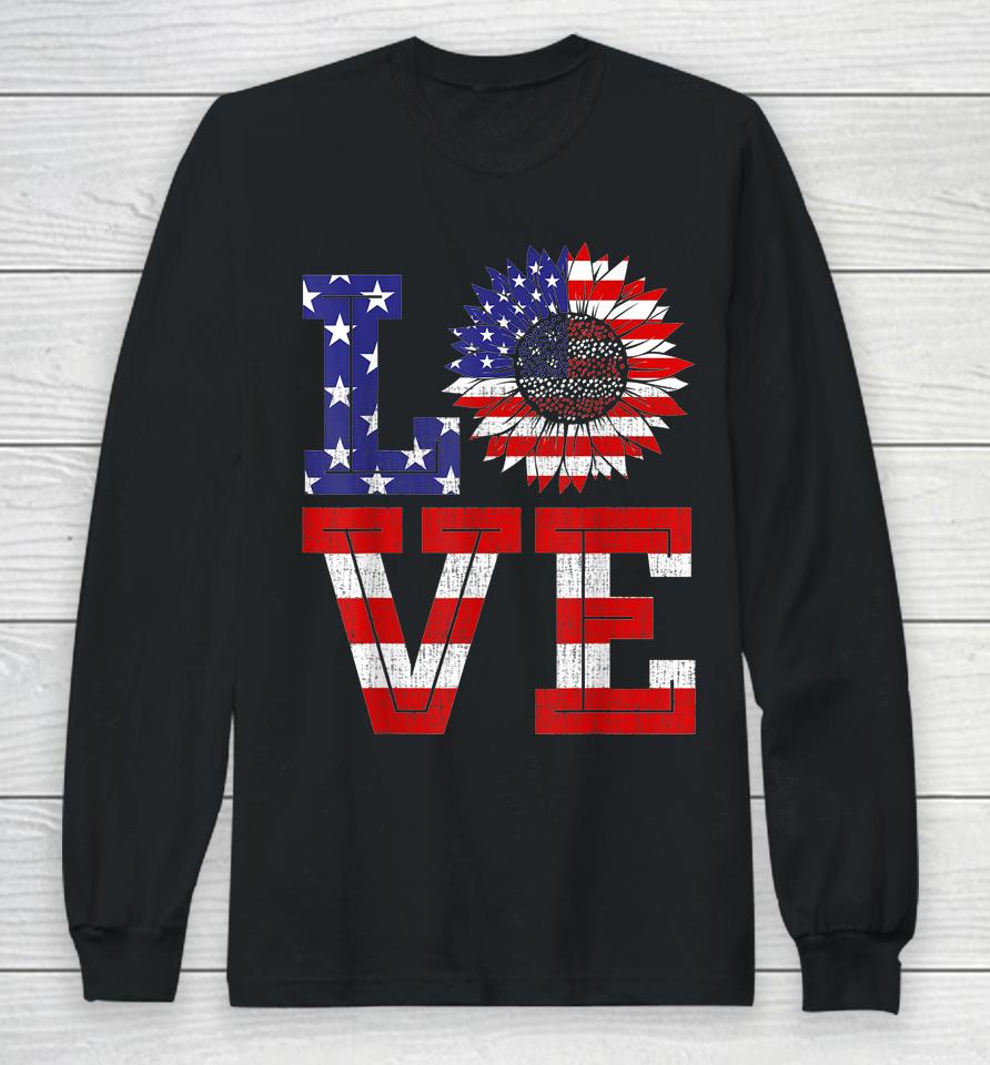 4Th Of July Love Sunflower Patriotic American Flag Long Sleeve T-Shirt