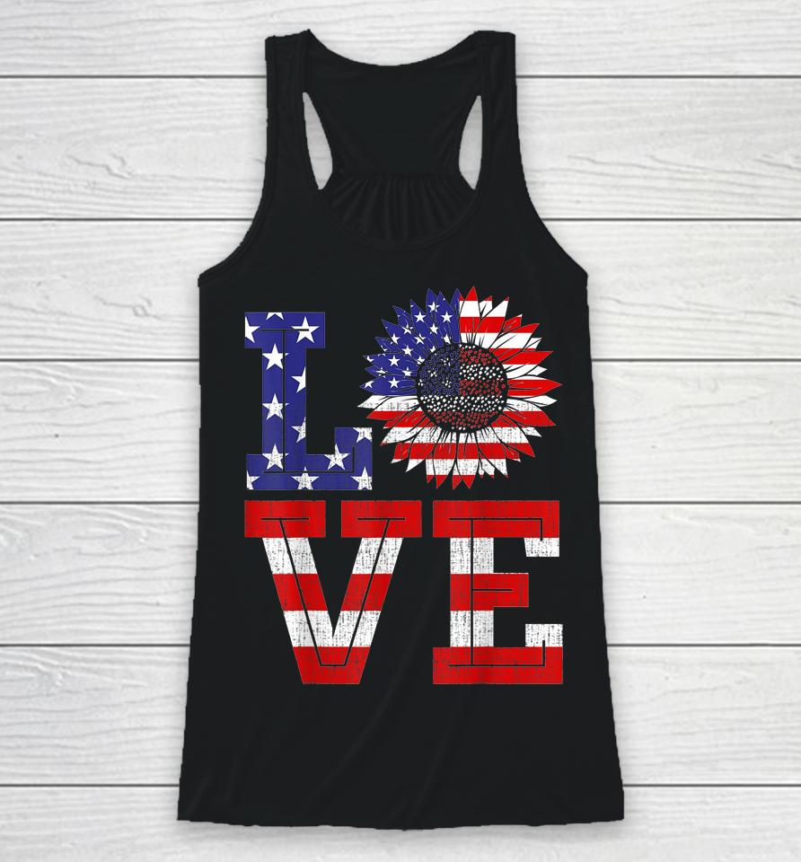 4Th Of July Love Sunflower Patriotic American Flag Racerback Tank