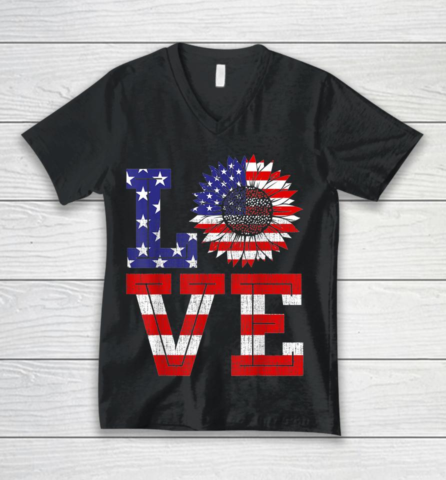 4Th Of July Love Sunflower Patriotic American Flag Unisex V-Neck T-Shirt