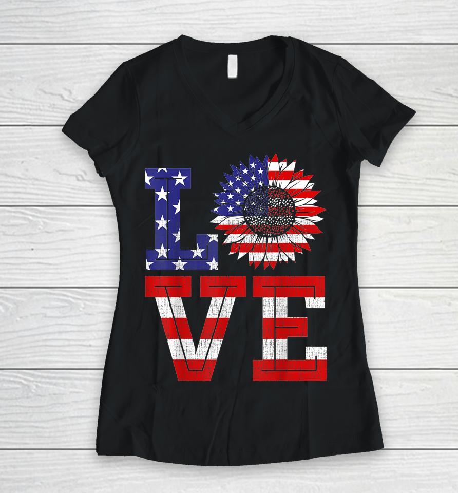 4Th Of July Love Sunflower Patriotic American Flag Women V-Neck T-Shirt