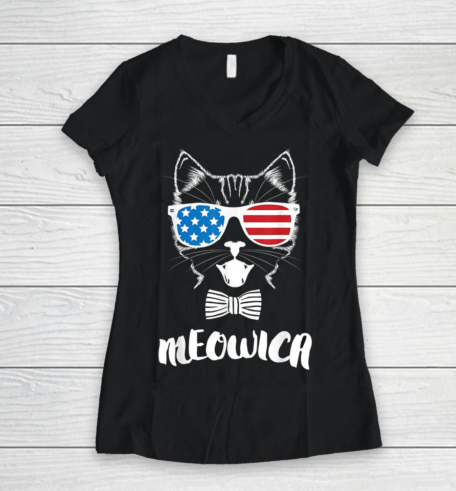 4Th Of July Meowica Kitty Cat Women V-Neck T-Shirt