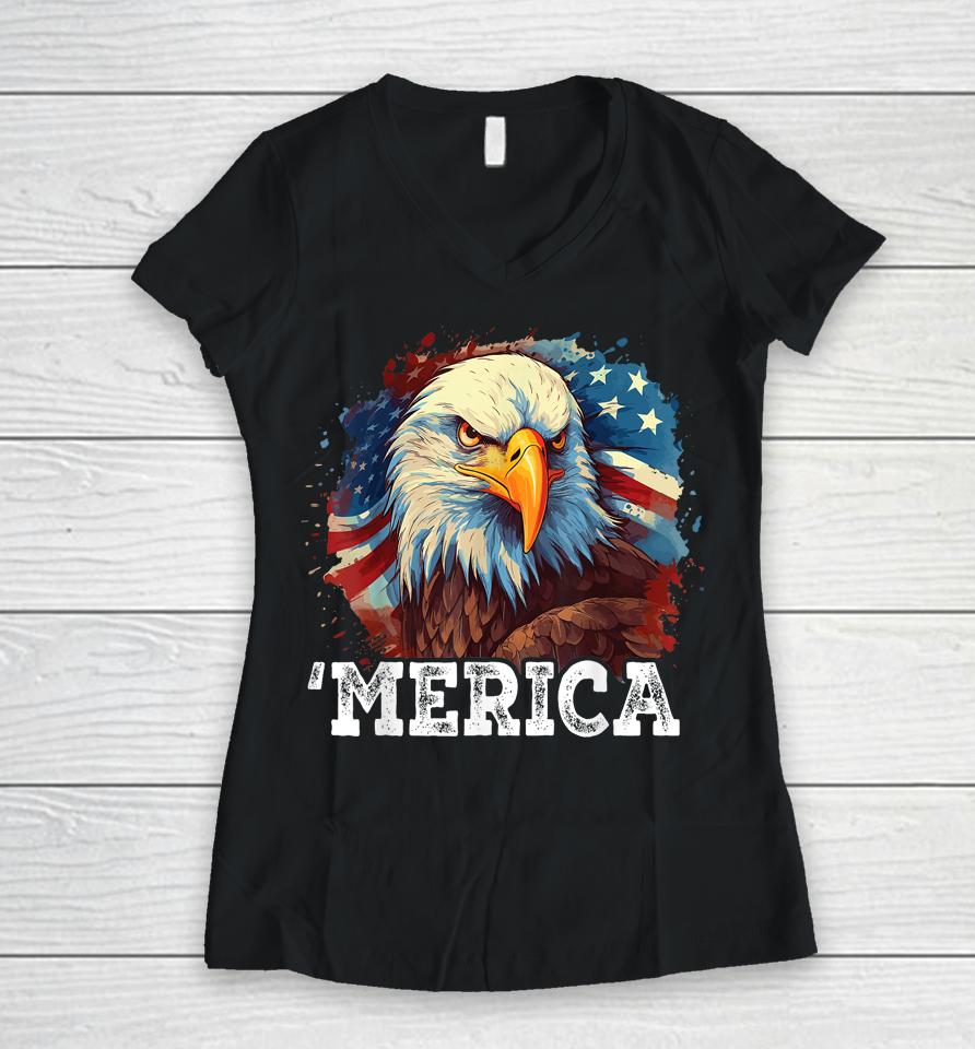 4Th Of July Merica American Bald Eagle Usa Patriotic Flag Women V-Neck T-Shirt