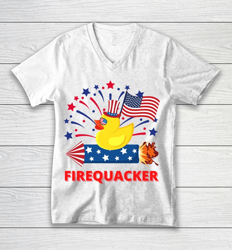 4Th Of July Patriotic Firecracker Rubber Duck Firequacker Unisex V-Neck T-Shirt