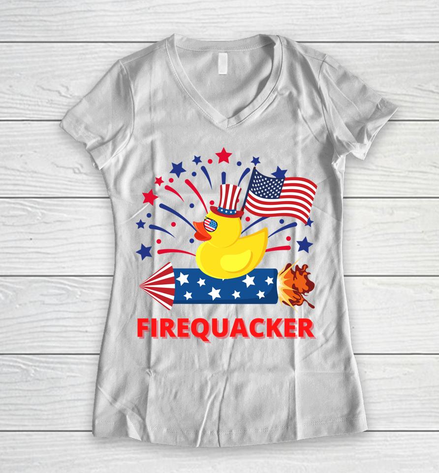 4Th Of July Patriotic Firecracker Rubber Duck Firequacker Women V-Neck T-Shirt