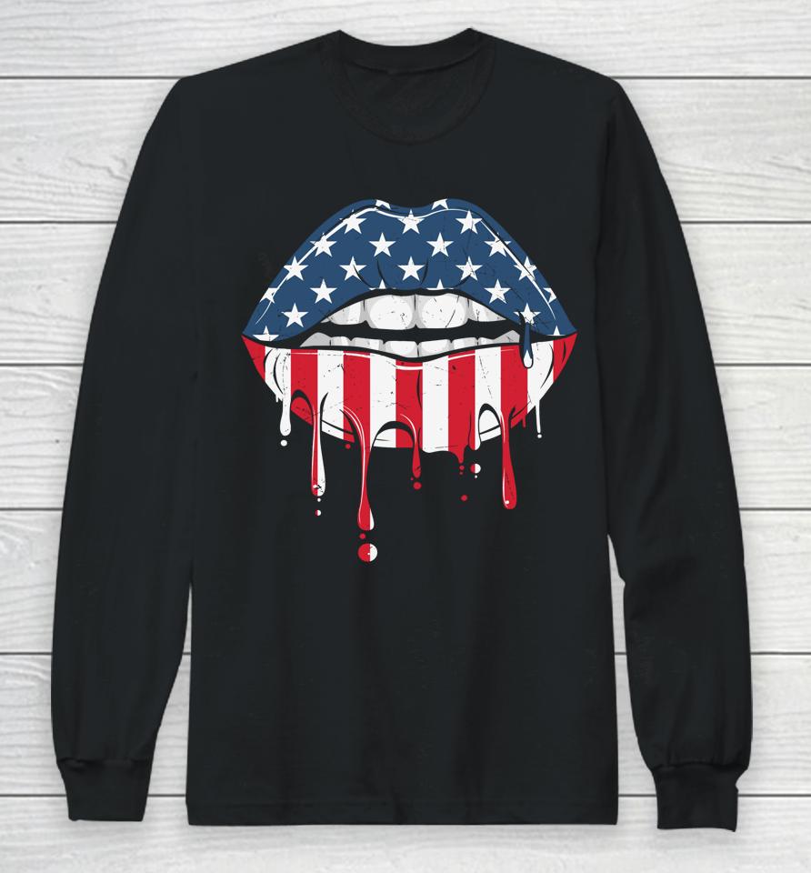 4Th Of July Patriotic Hot Lips American Flag Vintage Long Sleeve T-Shirt