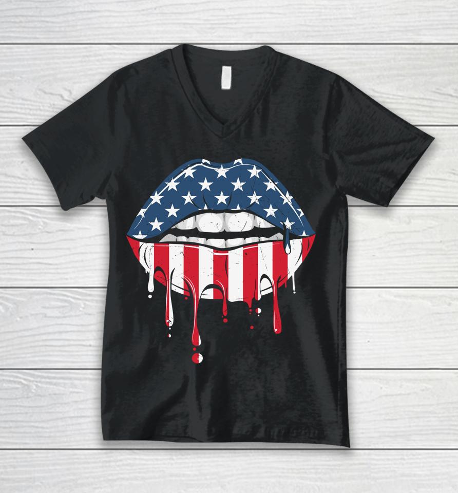 4Th Of July Patriotic Hot Lips American Flag Vintage Unisex V-Neck T-Shirt