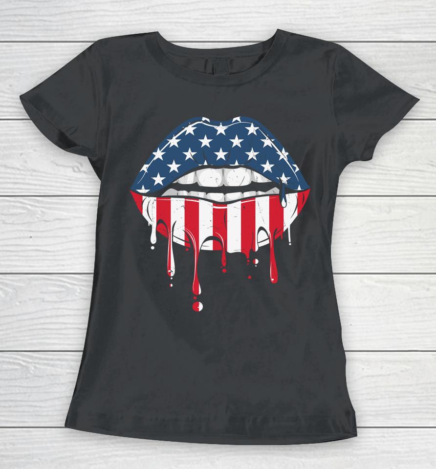 4Th Of July Patriotic Hot Lips American Flag Vintage Women T-Shirt