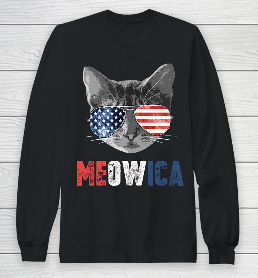4Th Of July Shirt Meowica American Flag Cat Long Sleeve T-Shirt