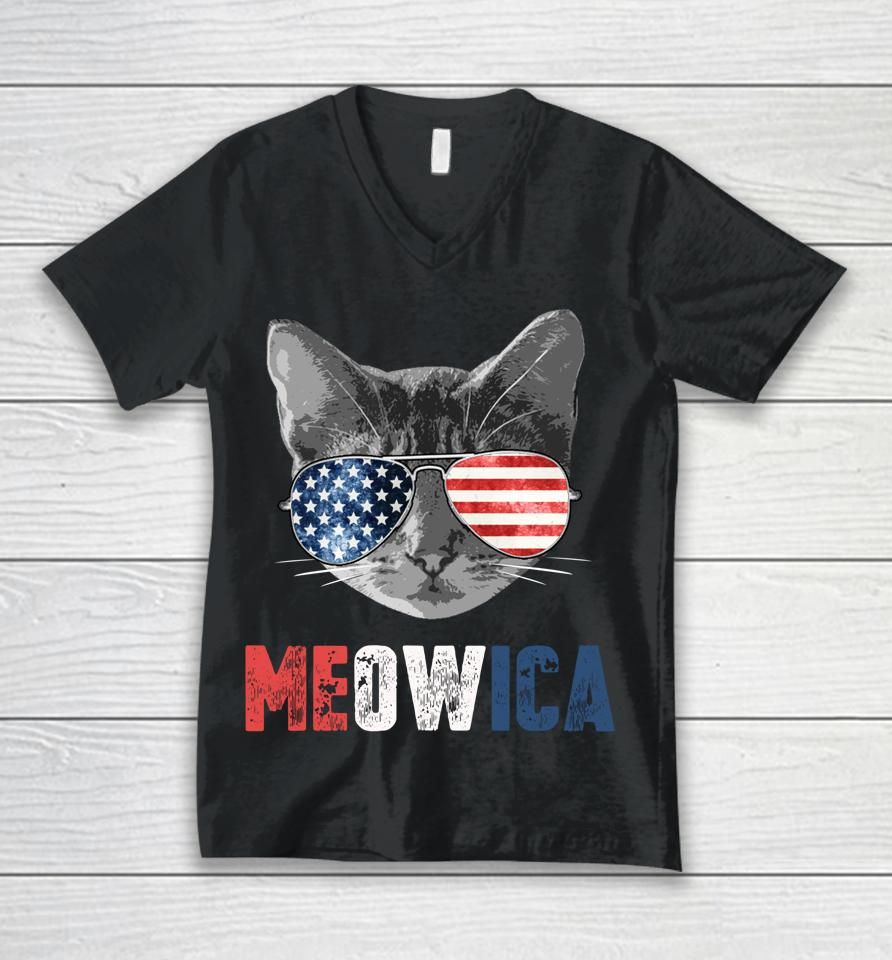 4Th Of July Shirt Meowica American Flag Cat Unisex V-Neck T-Shirt