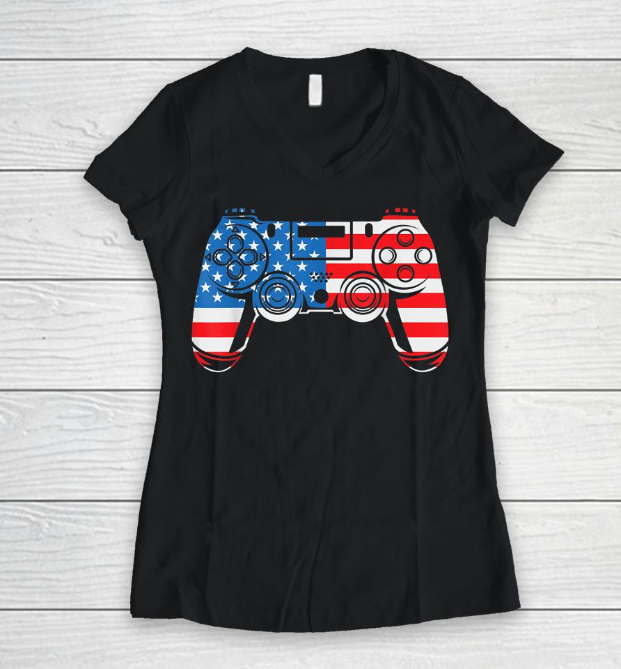 4Th Of July Shirt Video Game Gamer Usa Flag Women V-Neck T-Shirt