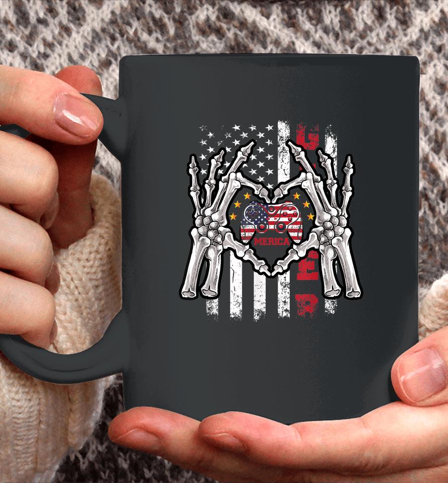 4Th Of July Skeleton Video Game Gamer American Flag Usa Coffee Mug