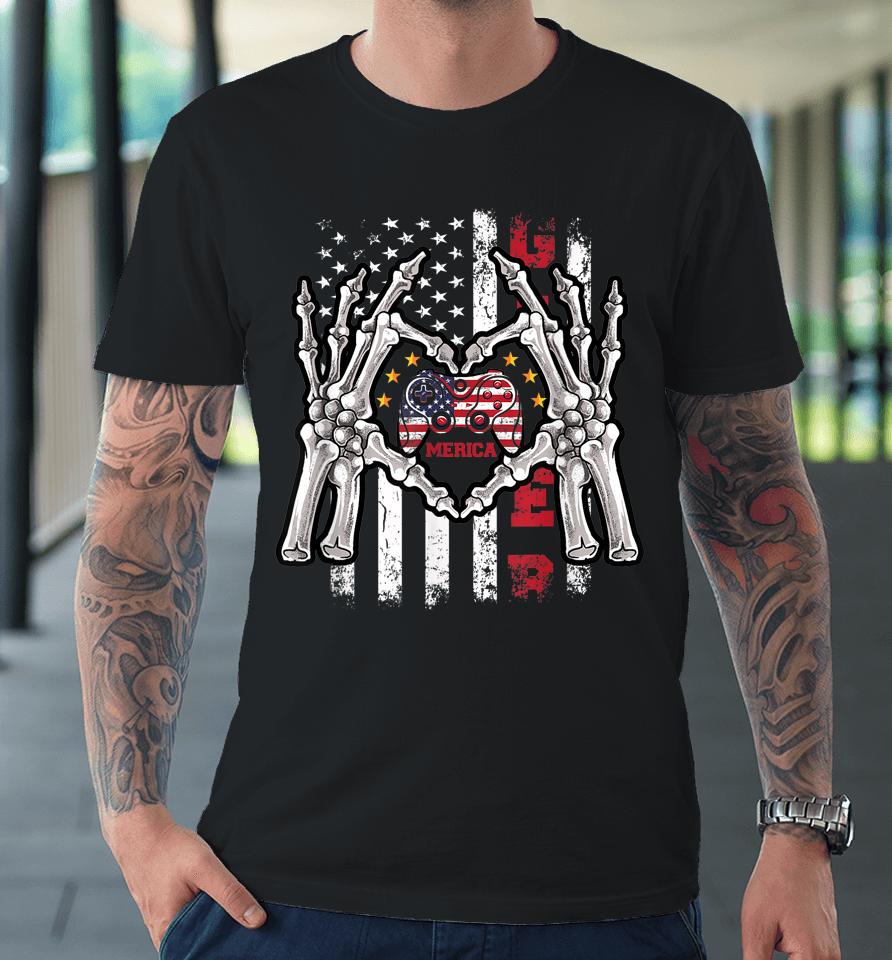 4Th Of July Skeleton Video Game Gamer American Flag Usa Premium T-Shirt