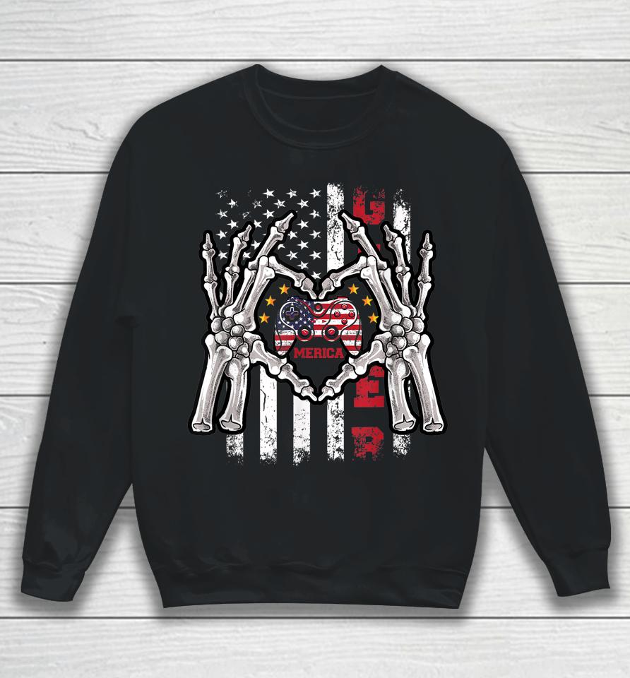 4Th Of July Skeleton Video Game Gamer American Flag Usa Sweatshirt