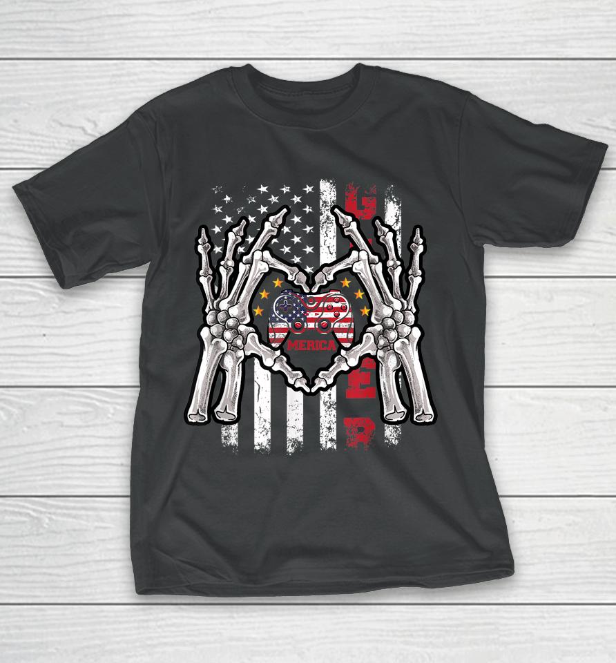 4Th Of July Skeleton Video Game Gamer American Flag Usa T-Shirt