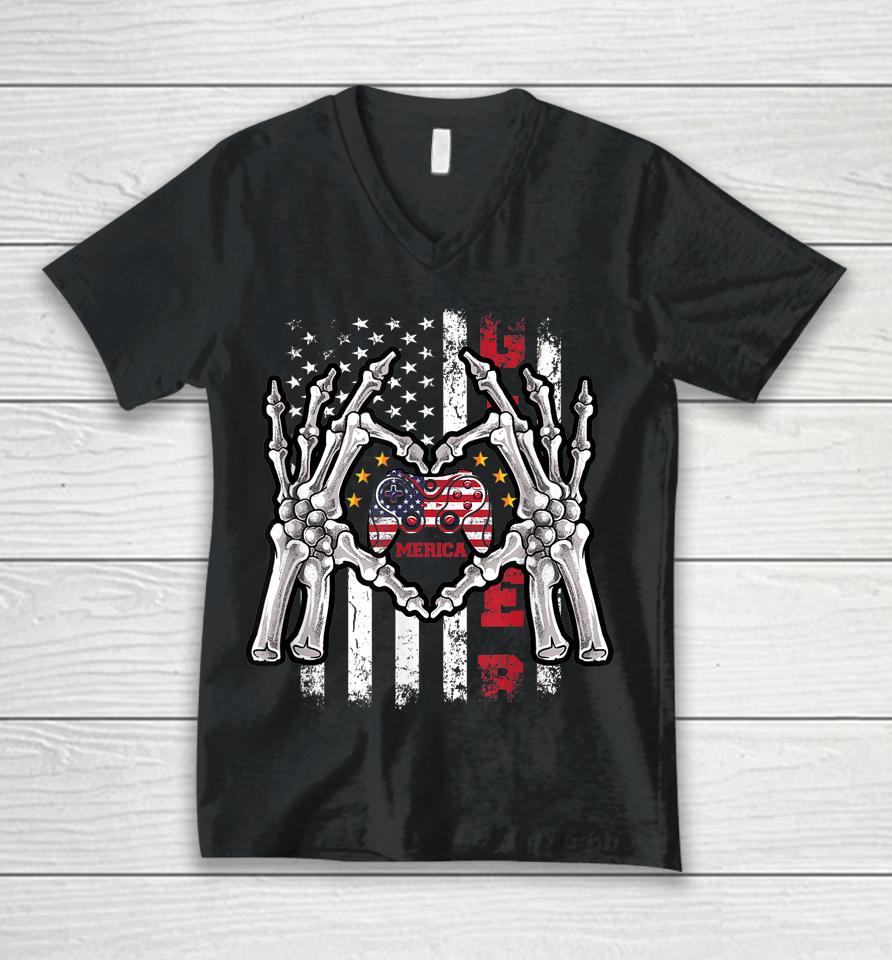 4Th Of July Skeleton Video Game Gamer American Flag Usa Unisex V-Neck T-Shirt