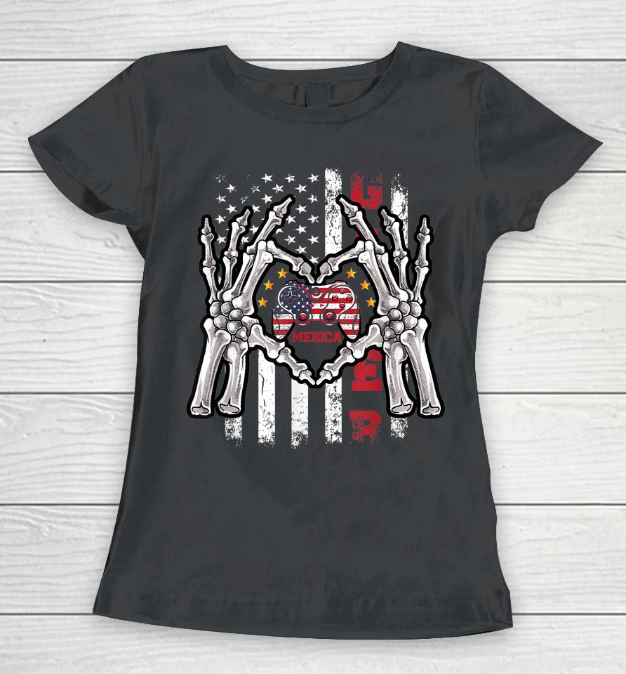 4Th Of July Skeleton Video Game Gamer American Flag Usa Women T-Shirt