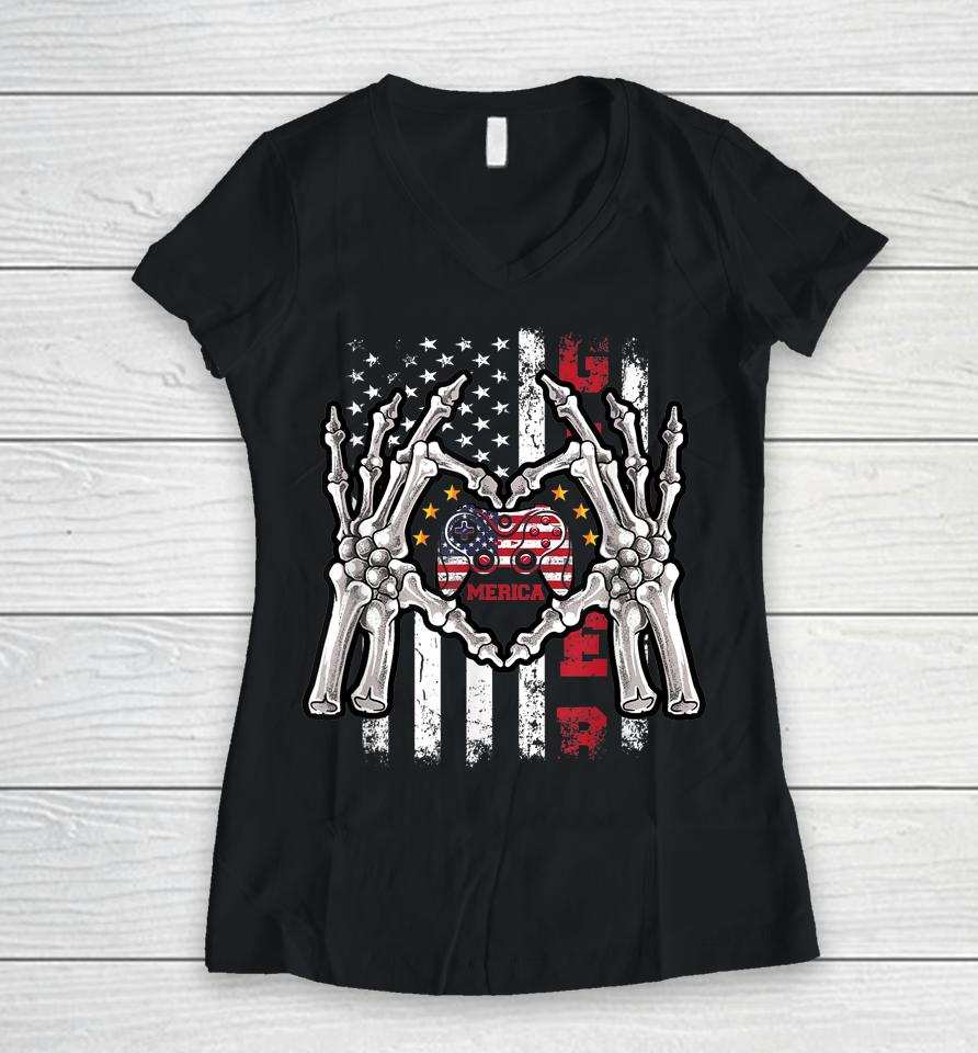 4Th Of July Skeleton Video Game Gamer American Flag Usa Women V-Neck T-Shirt