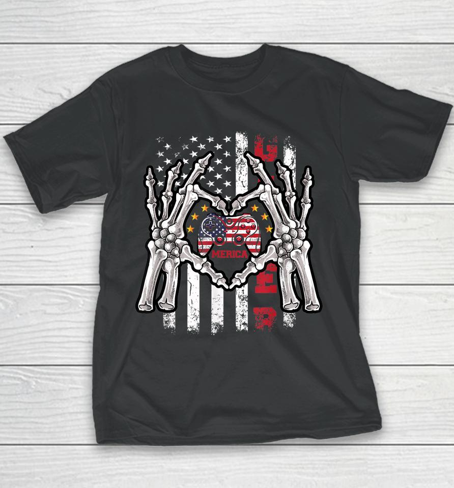 4Th Of July Skeleton Video Game Gamer American Flag Usa Youth T-Shirt