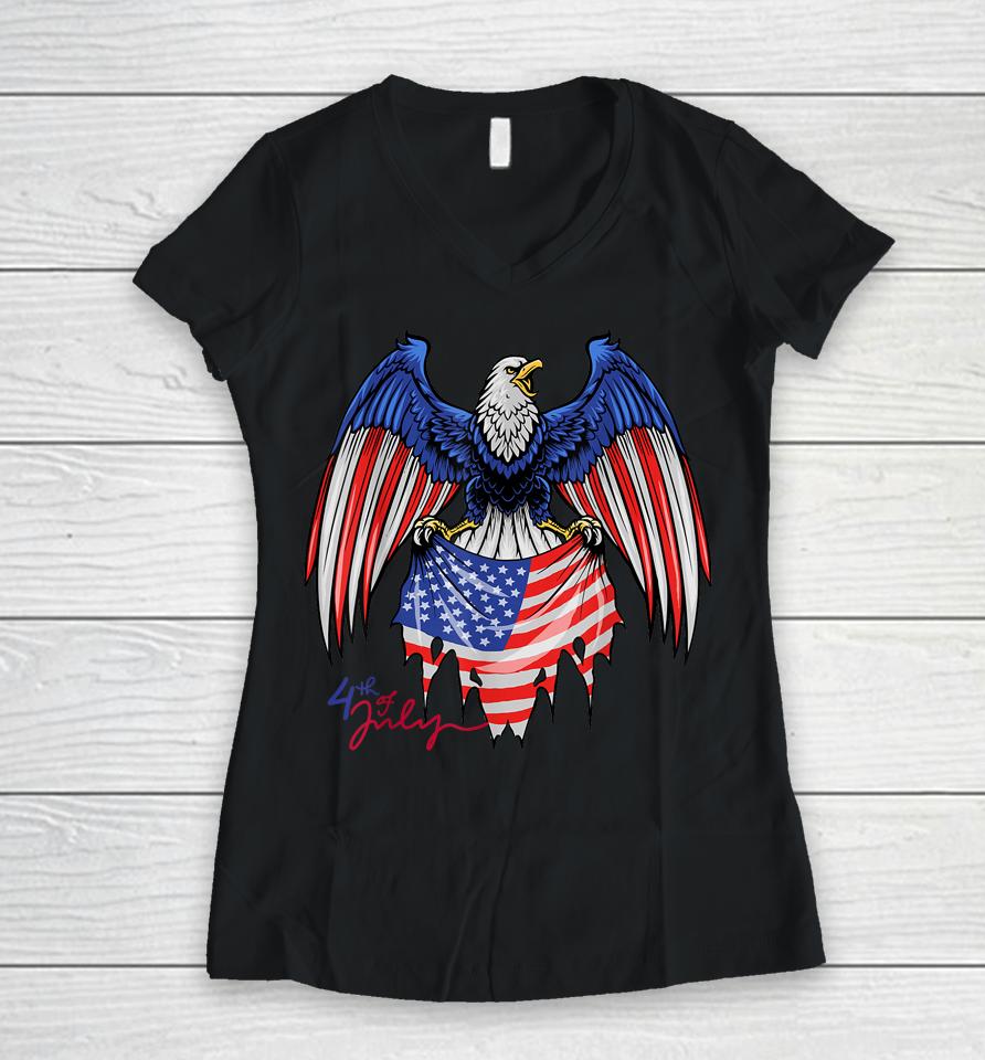 4Th Of July Tshirts - Patriotic  - American Flag Eagle Women V-Neck T-Shirt
