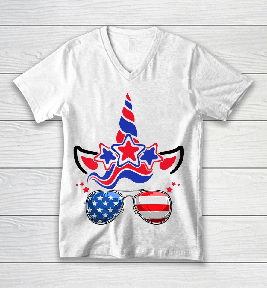 4Th Of July Unicorn American Flag Patriotic Unisex V-Neck T-Shirt