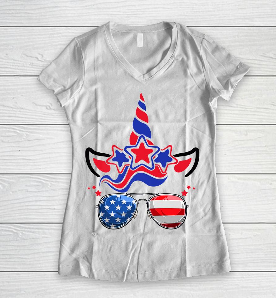 4Th Of July Unicorn American Flag Patriotic Women V-Neck T-Shirt