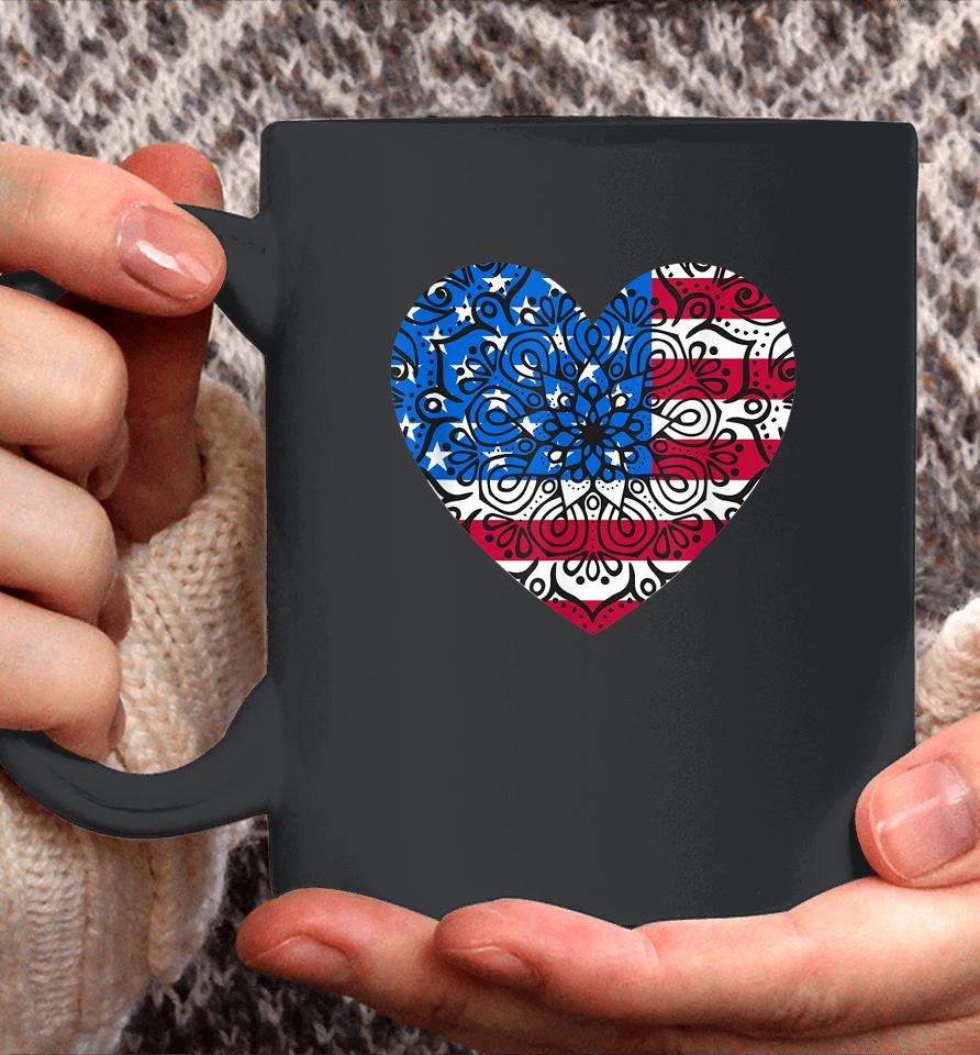 4Th Of July Women Girls Kids Mandala American Heart Flag Art Coffee Mug