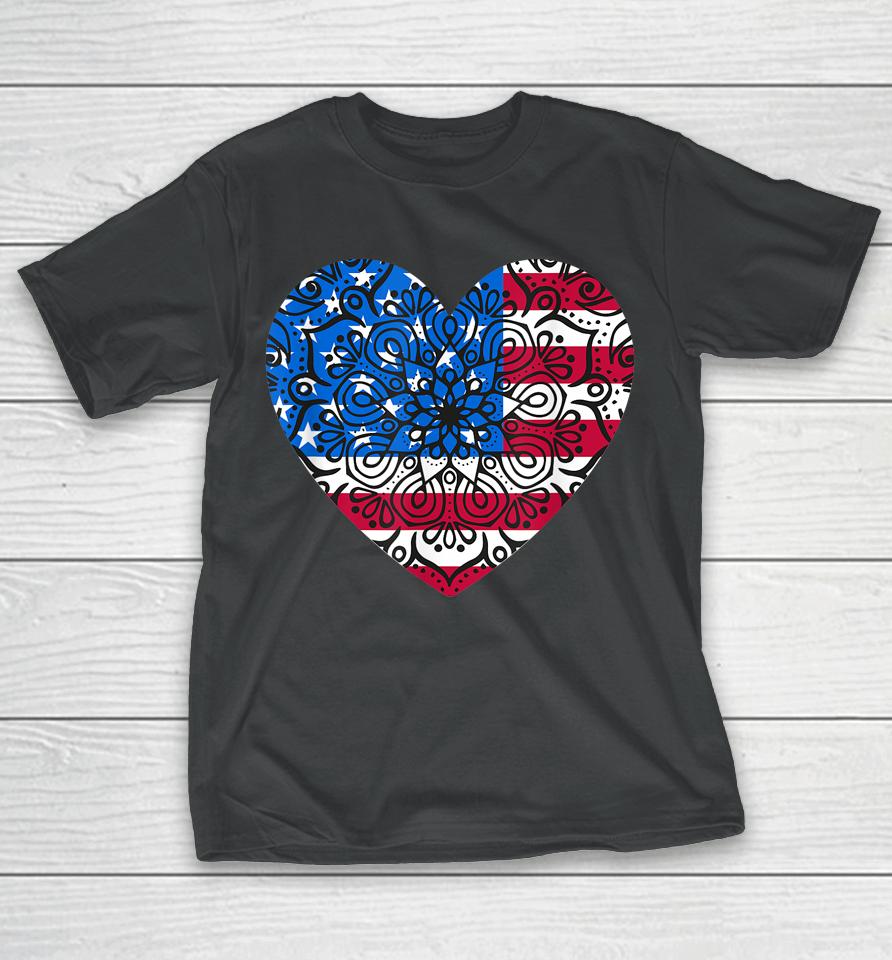 4Th Of July Women Girls Kids Mandala American Heart Flag Art T-Shirt