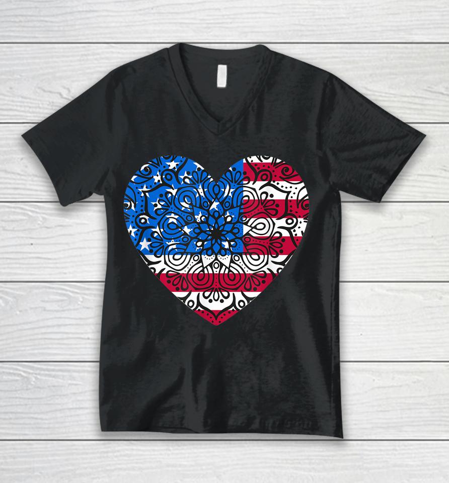 4Th Of July Women Girls Kids Mandala American Heart Flag Art Unisex V-Neck T-Shirt