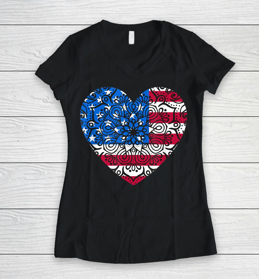4Th Of July Women Girls Kids Mandala American Heart Flag Art Women V-Neck T-Shirt