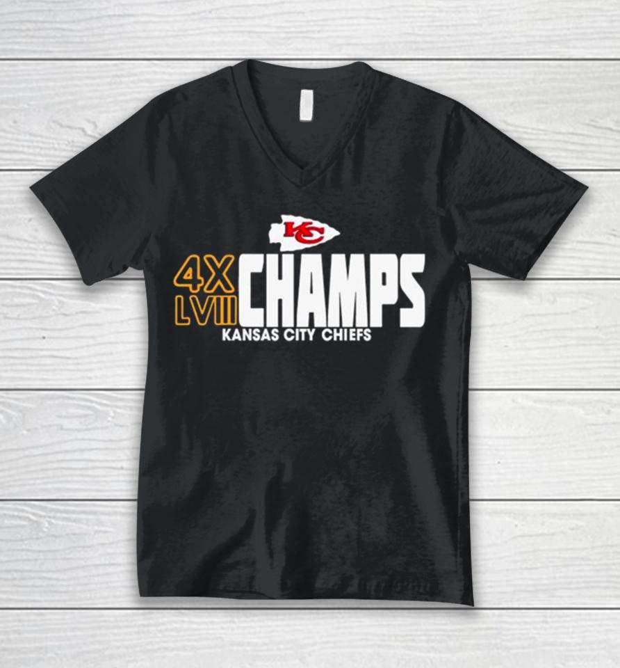 4X Champs Super Bowl Lviii Kansas City Chiefs Unisex V-Neck T-Shirt