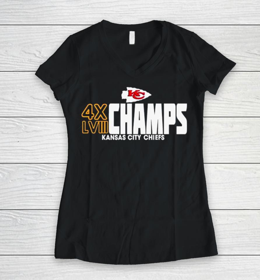 4X Champs Super Bowl Lviii Kansas City Chiefs Women V-Neck T-Shirt