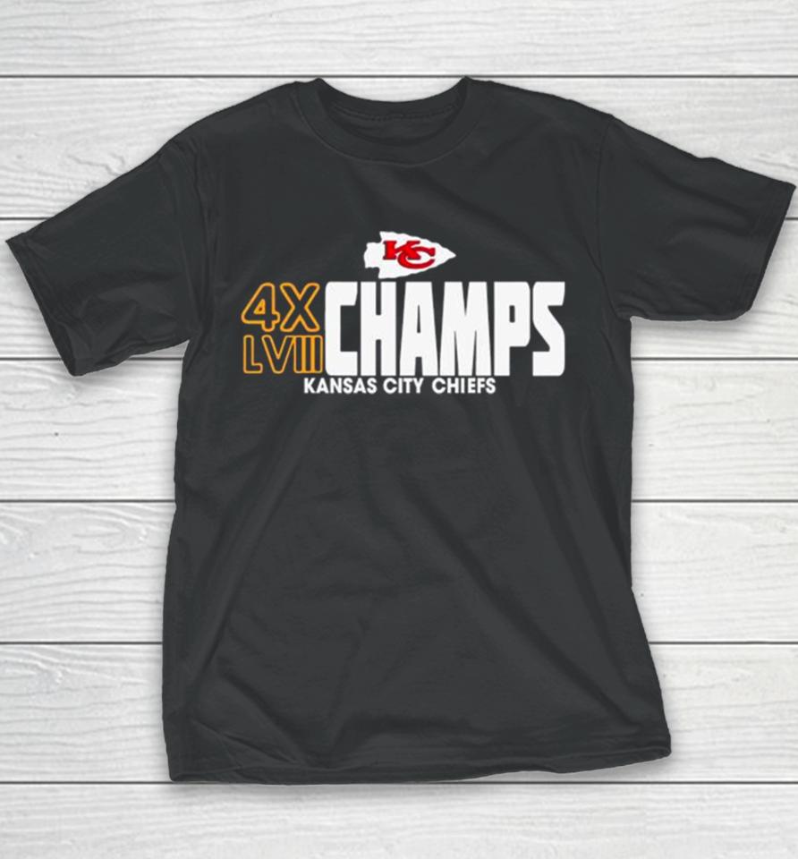 4X Champs Super Bowl Lviii Kansas City Chiefs Youth T-Shirt