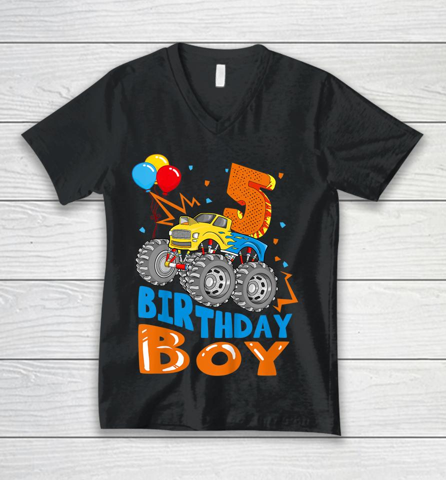 5 Year Old Gifts 5Th Birthday Boy Son Monster Truck Party Unisex V-Neck T-Shirt