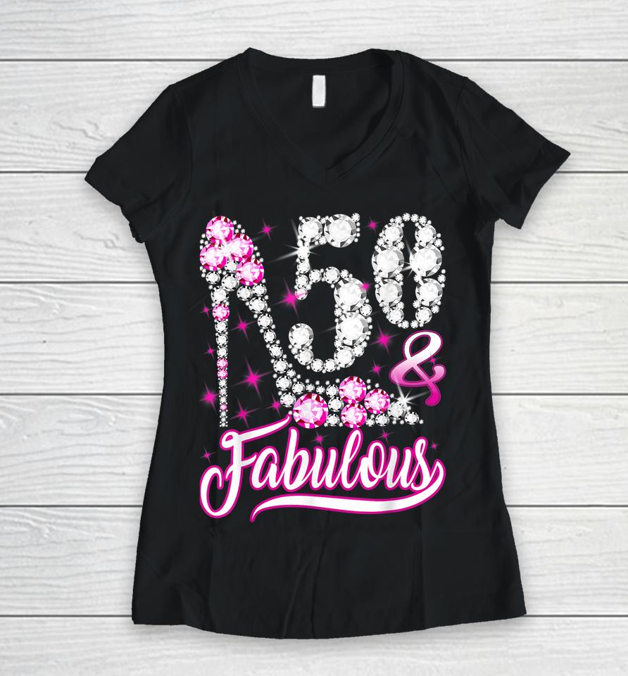 50 &Amp; Fabulous 50Th Birthday Gifts Funny Pink Diamond Shoes Women V-Neck T-Shirt