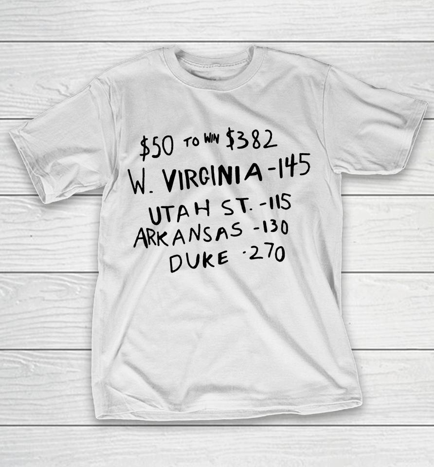 $50 To Win $382 W Virginia 145 Utah St 115 Arkansas 130 Duke 270 T-Shirt