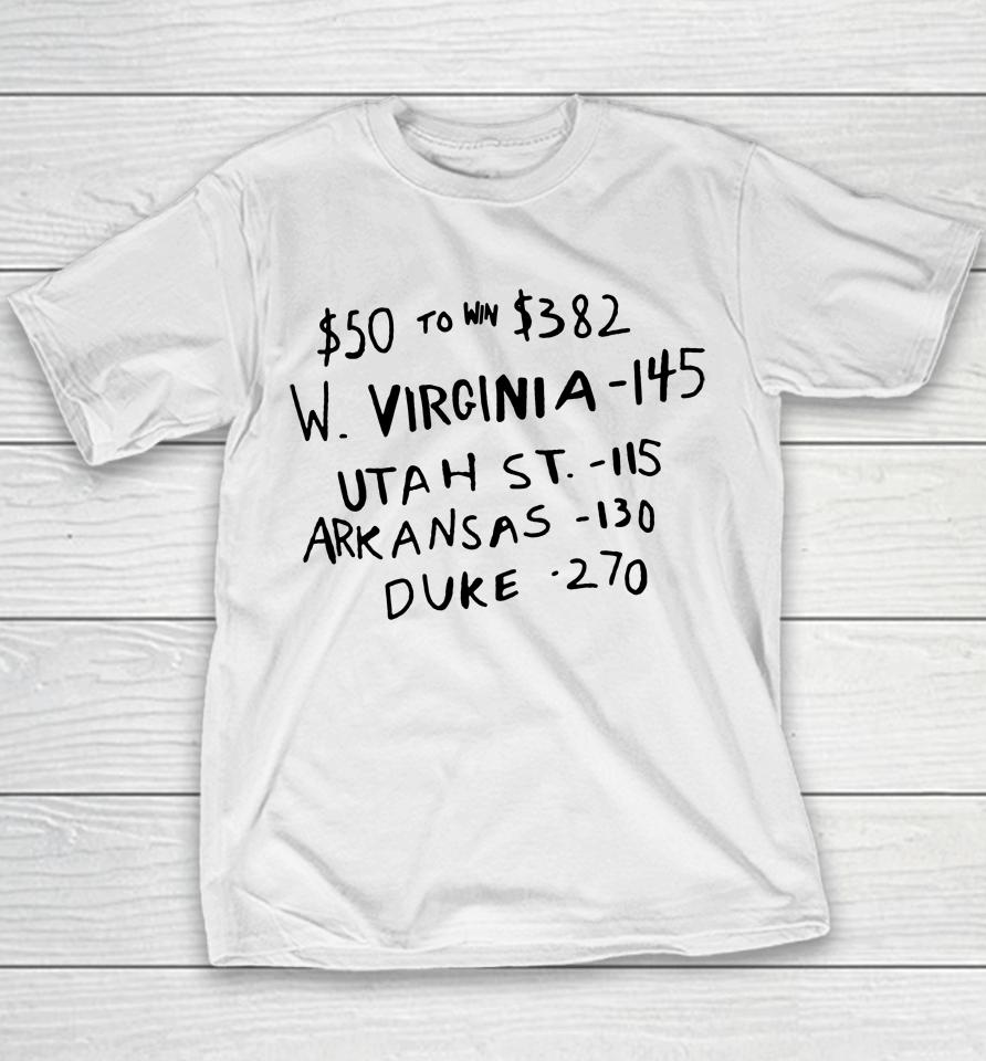 $50 To Win $382 W Virginia 145 Utah St 115 Arkansas 130 Duke 270 Youth T-Shirt