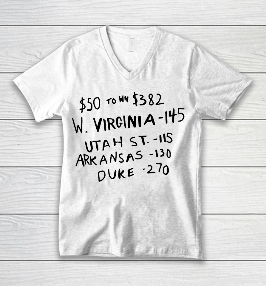 $50 To Win $382 W Virginia 145 Utah St 115 Arkansas 130 Duke 270 Unisex V-Neck T-Shirt