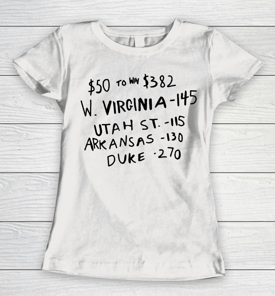 $50 To Win $382 W Virginia 145 Utah St 115 Arkansas 130 Duke 270 Women T-Shirt
