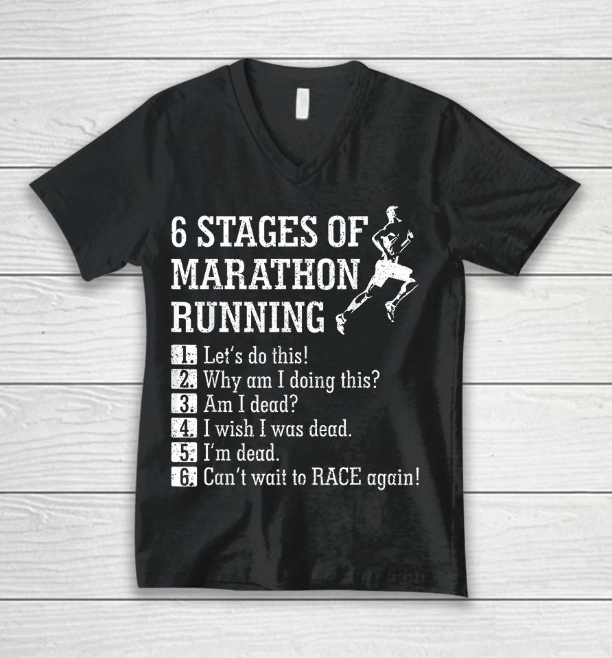 6 Stages Of Marathon Running Unisex V-Neck T-Shirt