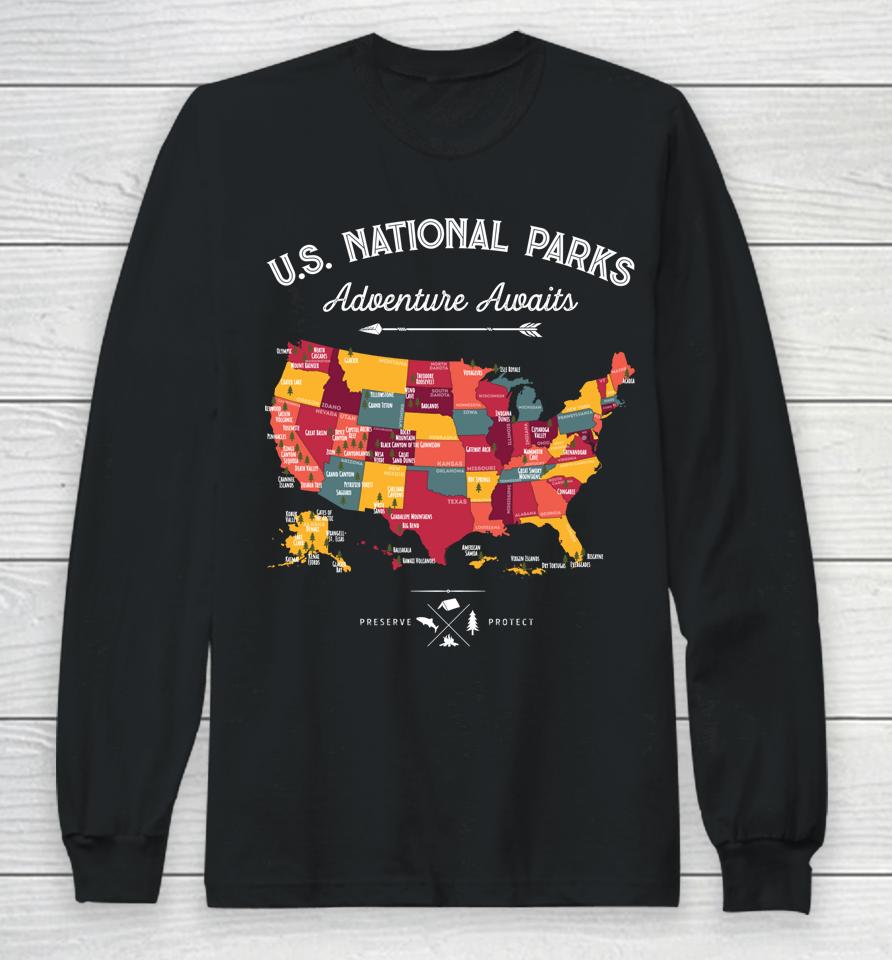 62 National Parks Map Gifts Us Park Vintage Camping Hiking Long Sleeve T-Shirt