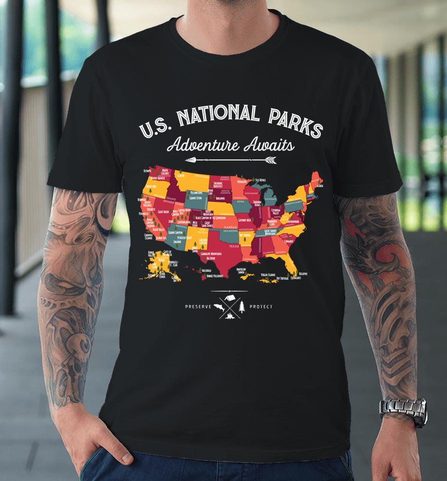 62 National Parks Map Gifts Us Park Vintage Camping Hiking Premium T-Shirt